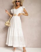 ambitionfly Rochie Albă Evazată din Bumbac Maxi cu Broderie Ajurată și Volane Reflecia