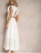 ambitionfly Rochie Albă Evazată din Bumbac Maxi cu Broderie Ajurată și Volane Reflecia