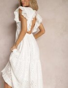 ambitionfly Rochie Albă Evazată din Bumbac Maxi cu Broderie Ajurată și Volane Reflecia