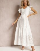 ambitionfly Rochie Albă Evazată din Bumbac Maxi cu Broderie Ajurată și Volane Reflecia