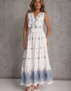 ambitionfly Rochie de vară Boho din bumbac cu broderie în modele și volănaș Alemite Albastră