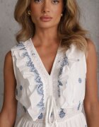 ambitionfly Rochie de vară Boho din bumbac cu broderie în modele și volănaș Alemite Albastră