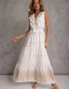 ambitionfly Rochie de vară Boho din bumbac cu broderie în modele și volănaș Alemite Bej