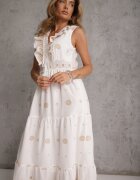 ambitionfly Rochie de vară Boho din bumbac cu broderie în modele și volănaș Alemite Bej