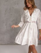 ambitionfly Rochie Mini Albă din Bumbac Decorată cu Broderii și Dantelă Qirelia