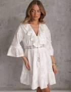 ambitionfly Rochie Mini Albă din Bumbac Decorată cu Broderii și Dantelă Qirelia