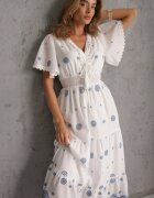 ambitionfly Rochie rustică din bumbac pentru vară decorată cu broderie și ciucuri Damea Albastră
