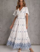 ambitionfly Rochie rustică din bumbac pentru vară decorată cu broderie și ciucuri Damea Albastră