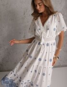 ambitionfly Rochie rustică din bumbac pentru vară decorată cu broderie și ciucuri Damea Albastră