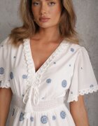 ambitionfly Rochie rustică din bumbac pentru vară decorată cu broderie și ciucuri Damea Albastră