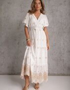 ambitionfly Rochie rustică din bumbac pentru vară decorată cu broderie și ciucuri Damea Bej