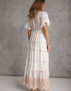 ambitionfly Rochie rustică din bumbac pentru vară decorată cu broderie și ciucuri Damea Bej