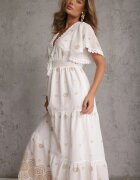 ambitionfly Rochie rustică din bumbac pentru vară decorată cu broderie și ciucuri Damea Bej