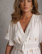 ambitionfly Rochie rustică din bumbac pentru vară decorată cu broderie și ciucuri Damea Bej