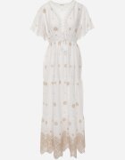 ambitionfly Rochie rustică din bumbac pentru vară decorată cu broderie și ciucuri Damea Bej