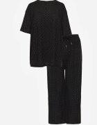 ambitionfly Set Negru Supradimensionat Împodobit cu Zirconii Tricou și Pantaloni Arnateia