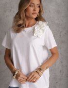 ambitionfly Tricou Alb de bumbac cu croială clasică cu aplicații florale 3D Morgane