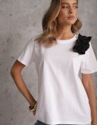 ambitionfly Tricou Alb-Negru Din bumbac Cu croială clasică cu aplicații florale 3D Morgane