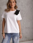 ambitionfly Tricou Alb-Negru Din bumbac Cu croială clasică cu aplicații florale 3D Morgane
