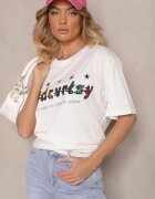 ambitionfly Tricou Alb Supradimensionat Decorat cu Text și Stele Colorate Ilamora