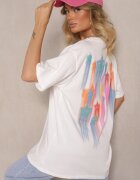 ambitionfly Tricou Alb Supradimensionat Decorat cu Text și Stele Colorate Ilamora