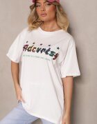 ambitionfly Tricou Alb Supradimensionat Decorat cu Text și Stele Colorate Ilamora