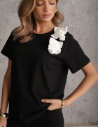 ambitionfly Tricou din bumbac Negru-Alb cu croială clasică cu aplicații florale 3D Morgane