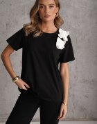 ambitionfly Tricou din bumbac Negru-Alb cu croială clasică cu aplicații florale 3D Morgane