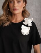 ambitionfly Tricou din bumbac Negru-Alb cu croială clasică cu aplicații florale 3D Morgane
