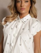 ann gissy Cămașă albă din bumbac decorată cu Zirconii fără mâneci Melseki