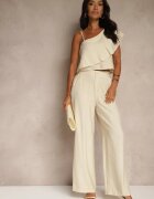 ann gissy Compleu bej din Vâscoză Top cu volănaș pe un umăr și Pantaloni Wide Leg Nirellea