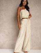 ann gissy Compleu bej din Vâscoză Top cu volănaș pe un umăr și Pantaloni Wide Leg Nirellea