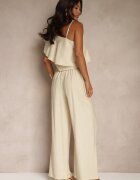 ann gissy Compleu bej din Vâscoză Top cu volănaș pe un umăr și Pantaloni Wide Leg Nirellea