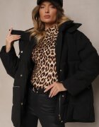 ann gissy Cu geacă neagră oversize cu cusături matlasate glugă buzunare și zirconii Etairea