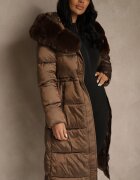 ann gissy Geacă de puf matlasată Maro cu croială lungă cu glugă cu blană Bavea
