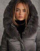 ann gissy Geacă Gri de puf Matlasată lungă cu glugă cu blană Bavea