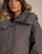 ann gissy Geacă Gri închis Oversize cu Cusături Matlasate Glugă Buzunare și Zirconii Etairea