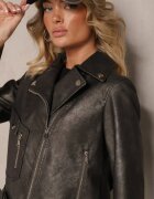 ann gissy Geacă gri închis tip biker cu curea cu cataramă și buzunare Milvila