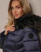 ann gissy Geacă lungă de iarnă bleumarin cu cusături matlasate și glugă detașabilă cu blană Tinnelia