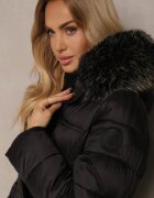 ann gissy Geacă lungă de iarnă neagră cu cusături matlasate și glugă detașabilă cu blană Tinnelia