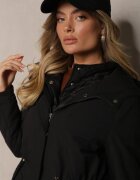 ann gissy Geacă Lungă Neagră cu Buzunare și Glugă cu accent pe talie Tarindela