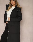 ann gissy Geacă Lungă Neagră cu Matlasare cu Glugă Detașabilă și Buzunare Laterale Daitras