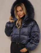 ann gissy Geacă matlasată bleumarin cu croi scurt cu glugă decorată cu blană detașabilă Vamiana