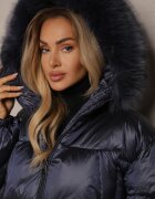 ann gissy Geacă matlasată bleumarin cu croi scurt cu glugă decorată cu blană detașabilă Vamiana