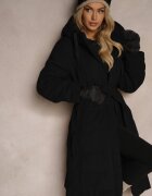 ann gissy Geacă Neagră cu Glugă Curea și Despicături cu Capse Decorată cu Cusături Matlasate Semandira