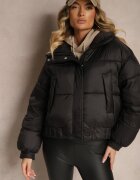 ann gissy Geacă Neagră Oversize cu Cusături Matlasate Buzunare și Bandă Elastică Zinnaria