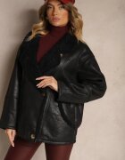 ann gissy Geacă Neagră Tip Biker cu croială Oversize cu căptușeală de blană și nasturi Nikilina