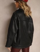 ann gissy Geacă Neagră Tip Biker cu croială Oversize cu căptușeală de blană și nasturi Nikilina