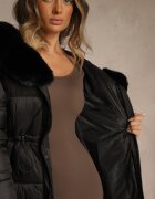ann gissy Geacă Negru Din puf Matlasată Lungă Cu glugă Cu blană Bavea