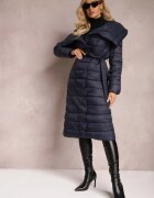 ann gissy Granatowa Długa Kurtka Pikowana Płaszcz z Szerokim Kołnierzem Mizii